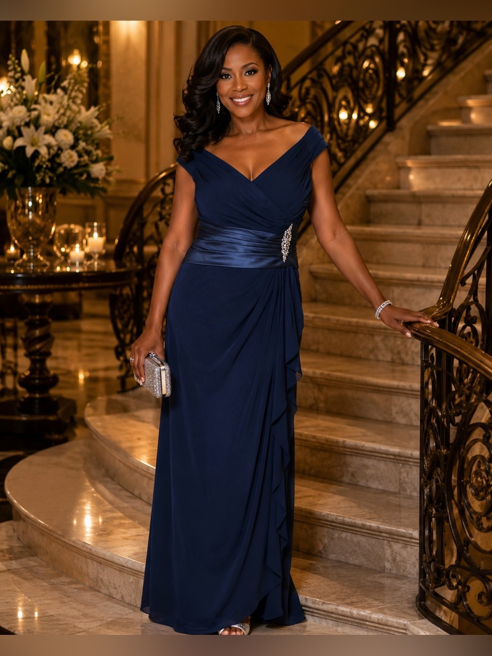 Alfred Angelo Navy Blue off Shoulder Formal V Neck Gown Size 14